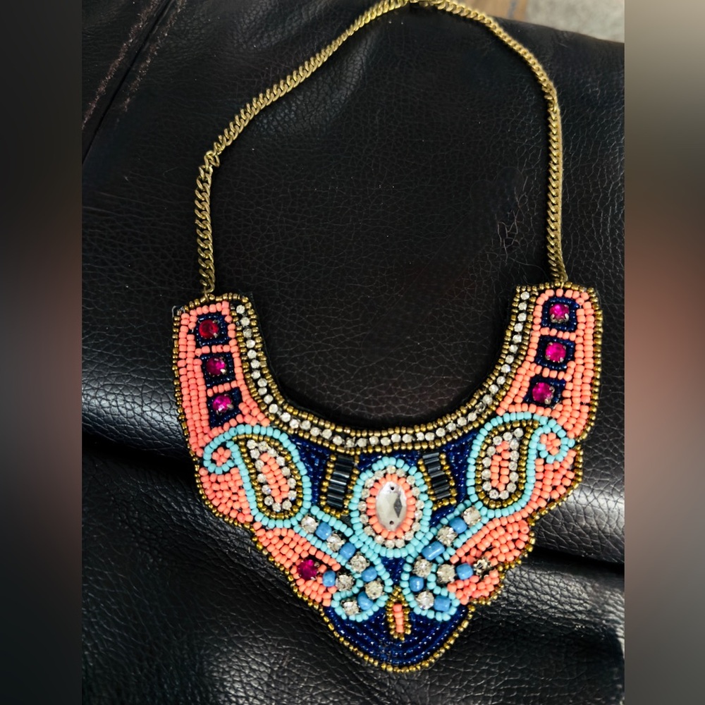 Beaded Statement Bib Necklace - Coral, Turquoise, Navy & Gold. This is FIRE 🔥